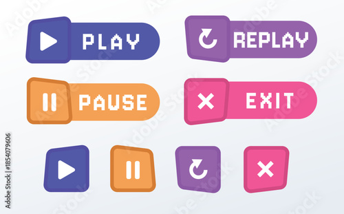 Retro Pixel Game Buttons Set – Colorful Arcade GUI Interface Icons in Neon Sci-Fi Style