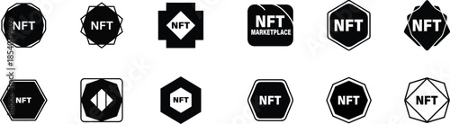 Collection of 12 black and white nft logos isolated on transparent background