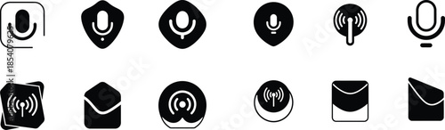 Collection of various black and white envelope icons isolated on transparent background