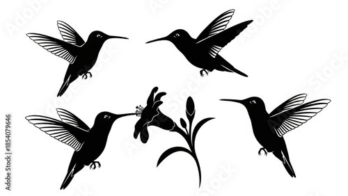 Black Hummingbird Silhouette Vector Showing Side Hover Angled Dive Feeding Flower and Wings Up Still