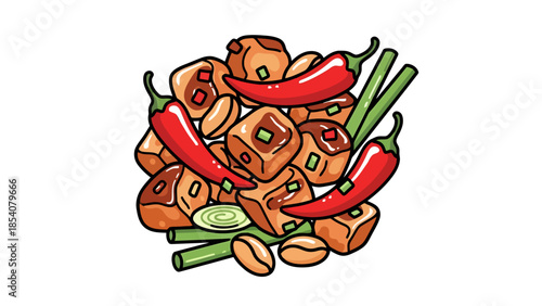 Crispy Tofu Cubes with Chili and Green Onions Spicy Asian Appetizer