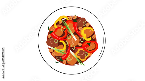 Top View of Savory Beef Stir Fry with Bell Peppers and Green Onions on a Plate