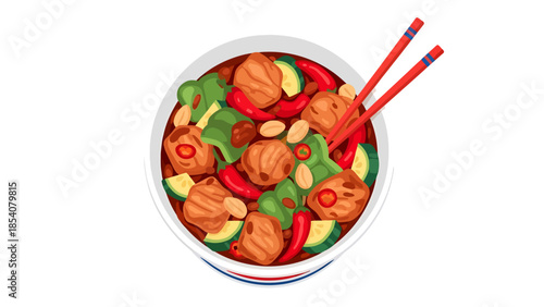 Bowl of Delicious Stir Fry with Chopsticks Asian Cuisine Concept