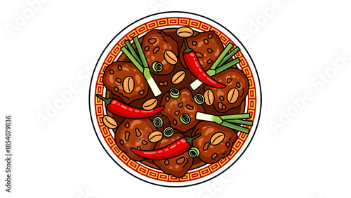 Spicy Peanut Sauce Dish Presentation with Chili and Scallions Top View