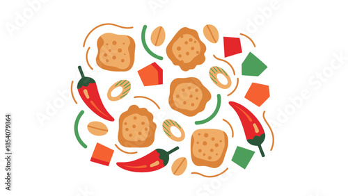 Savory Snack Composition with Peanuts Peppers and Cubes