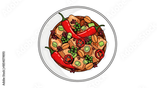 Spicy Tofu Dish with Peppers and Edamame Top View