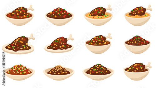 Assortment of Gourmet Dishes with Stew and Garnish Top View Collection