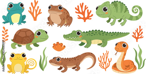 Cute reptiles and amphibians vector illustration set with frog, turtle, crocodile, chameleon, lizard and snake