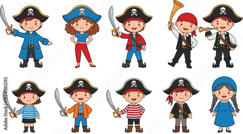 Cute pirate children character set including boys and girls with swords, telescopes, and hats isolated on a white background.