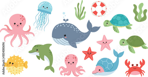 Cute sea animals vector illustration set with whale, dolphin, octopus, turtle and starfish in cartoon style