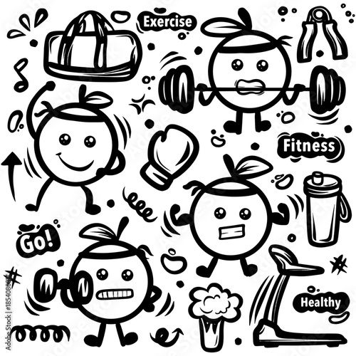 hand-drawn vector illustration of a set of icons, Doodle Health And Fitness Icons, Hand-drawn set of fitness doodles