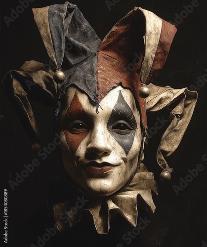 Dark dramatic portrait of a laughing jester wearing a vintage mask and costume. Horror concepts, theater posters, fantasy art, Halloween promotions, book covers, surreal visuals, or dramatic editorial