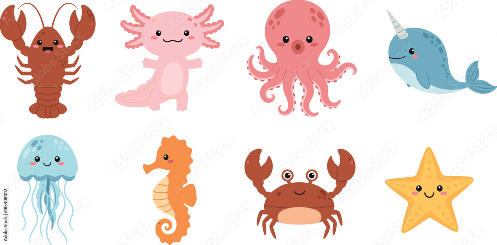 Naklejka premium Cute sea animals vector illustration set with crab, octopus, narwhal, jellyfish, axolotl and starfish characters