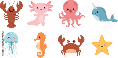 Cute sea animals vector illustration set with crab, octopus, narwhal, jellyfish, axolotl and starfish characters