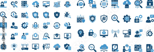 Comprehensive set of blue and white technology security data management and network service icons providing versatile visual assets for digital interface design projects.