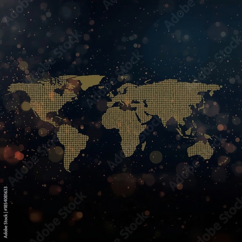 Global map with gold grid overlay, bokeh lights, and dark background, Radio Day