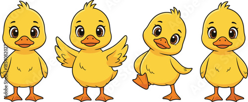 Cute yellow duckling characters vector illustration set with different poses and expressions in cartoon style