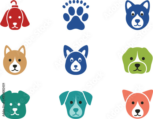 Dog face icons vector illustration set with paw print and different cute puppy breeds in flat style