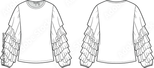 Women ruffled sleeve blouse technical flat illustration showing front and back views for fashion design, apparel development, and clothing production