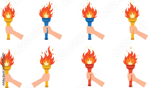 Flat vector illustration set of hands holding flaming olympic style torches with bright fire isolated on white background.