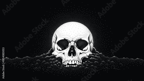 Detailed anatomical human skull rising from stippled dust background cad drawing flat vector illustration for gothic dark art horror design