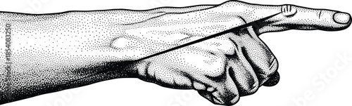 Vintage stipple art pointing hand illustration, black and white dotwork finger gesture, retro anatomical sketch, cad drawing flat vector illustration.