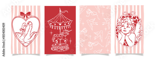 Valentine’s Day romantic greeting cards set. Cute pink and red carousel unicorn, swans in heart frame, and cherub angel illustration. Kawaii vintage style love holiday backgrounds with birds, bows