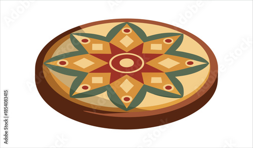 Circular Geometric Mandala Pattern with Red, Yellow, Green, and Brown Tones Isolated