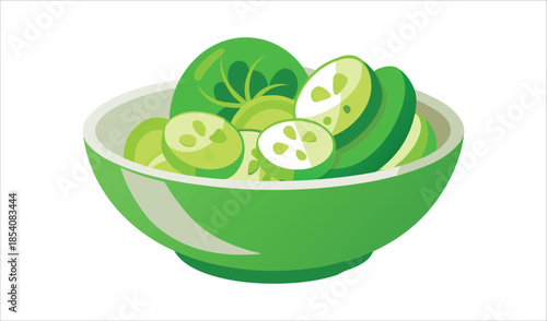 Freshly Sliced Cucumbers Artfully Arranged in a Vibrant Green Bowl on a White Background