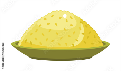 Pile of Yellow Rice in a Green Bowl, Simple Flat Illustration, Isolated on White Background