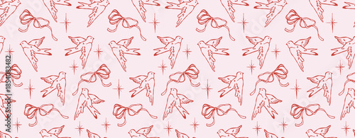 Romantic seamless pattern with flying love birds, bows, and sparkling stars, cute pink and red Valentine’s Day background, kawaii girly repeating print for wrapping paper, textiles, scrapbooking