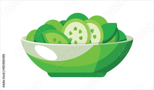 Fresh Cucumber Slices in a Vibrant Green Bowl on a White Background, Healthy Food Illustration