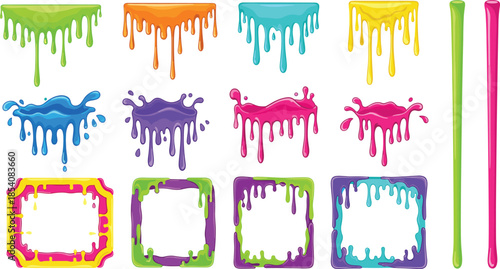 Set of Colorful Slime Drips Splashes and Gooey Frames Featuring Vibrant Green Orange Blue Pink and Yellow Liquid Vector Elements