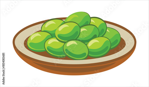Heap of fresh green edamame beans presented in a simple earthenware bowl on white background.