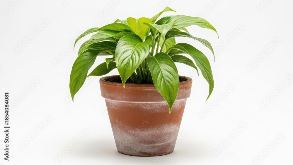Fototapeta premium Potted plant with green leaves in terracotta pot