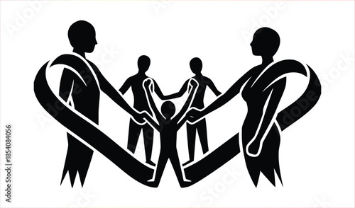 Family Holding Hands Together with Ribbon of Support and Unity Concept