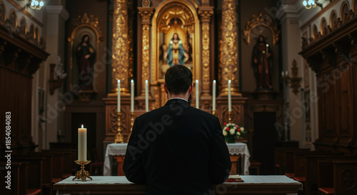 Man praying in church from behind facing golden altar. Solitary person in quiet contemplation. Faith and religion concept