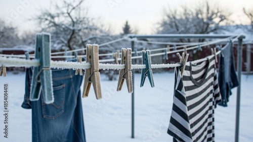 Frozen clothespins on a plastic clothesline in a snow-covered winter yard - for blogs about housekeeping, cleaning websites, and articles about climate change, with a bokeh effect in the background