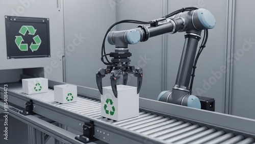 robotic arm picking white boxes with recycle symbols from conveyor for industrial automation websites, green technology blogs, waste management articles, environmental posters, education
