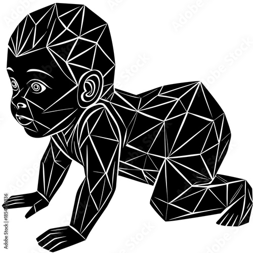 Geometric Art Representation of a Crawling Baby in Black and White geometric art representation