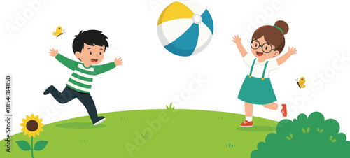 Happy kids playing ball outdoors vector illustration with boy and girl characters in cheerful cartoon park scene
