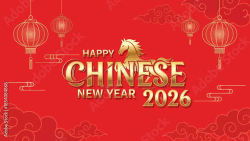 Festive Chinese New Year 2026 celebration greeting with traditional lanterns and auspicious