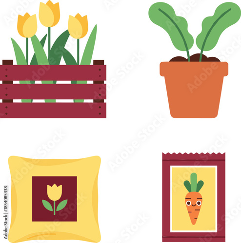 Home gardening icons vector illustration set with potted plants, flowers, seed packets and decorative cushions in flat style