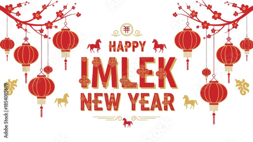 Festive Chinese New Year Celebration with Red Lanterns and Decorative Elements