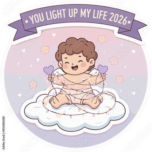 Cute baby cupid sitting on a cloud wrapped in glowing fairy lights for You Light Up My Life 2026