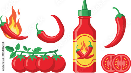 Hot chili pepper and spicy sauce vector illustration set with red peppers, tomatoes and fiery cooking elements
