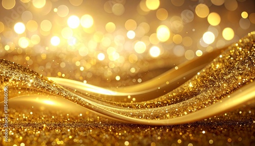 Golden abstract waves with glitter and bokeh lights.