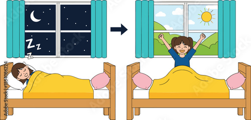 Kid sleeping at night and waking up in morning vector illustration showing daily routine and healthy lifestyle concept