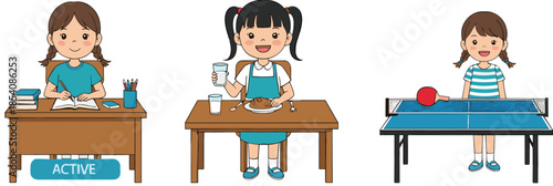 Kids activities at home vector illustration set with studying, drinking water and playing table tennis scenes