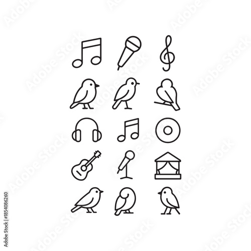 Collection of simple black and white icons depicting musical notes, birds, and audio equipment on a white background